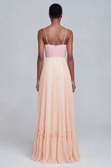 Pink and Champagne Patchwork Pleated Long Spaghetti Straps Formal Dress