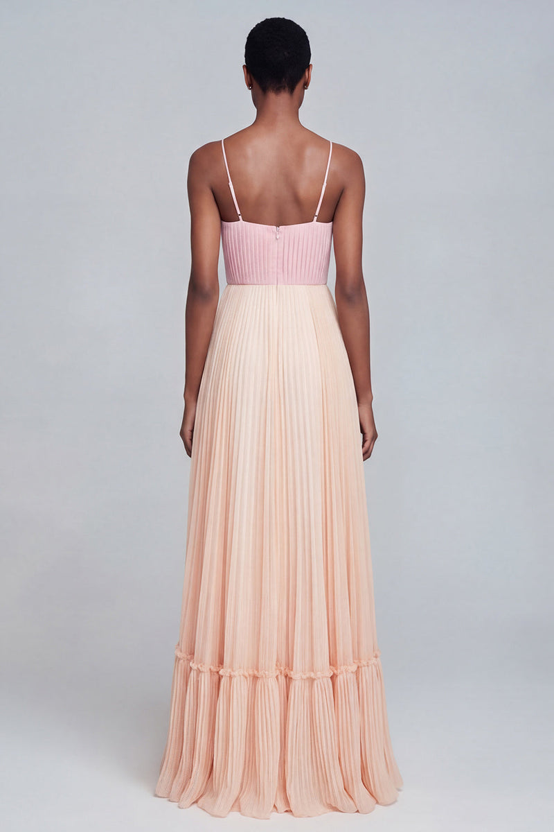 Load image into Gallery viewer, Pink and Champagne Patchwork Pleated Long Spaghetti Straps Formal Dress