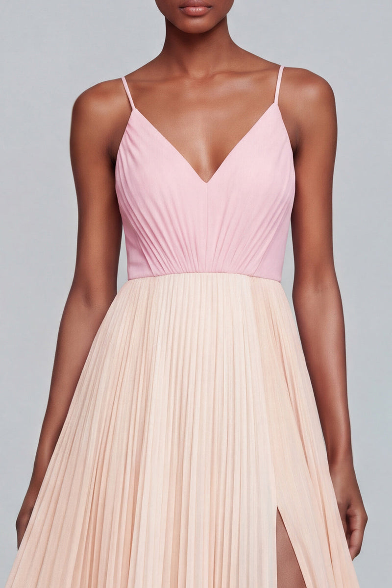 Load image into Gallery viewer, Pink and Champagne Patchwork Pleated Long Spaghetti Straps Formal Dress