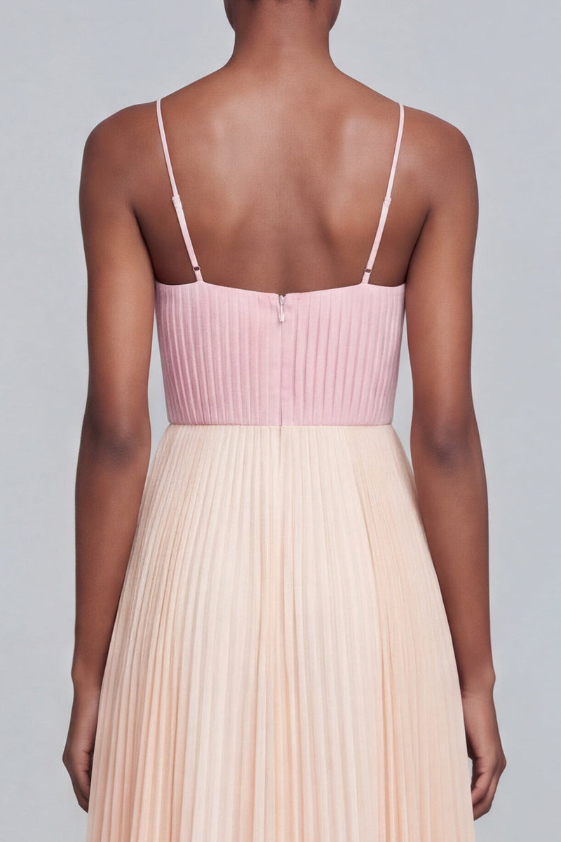 Load image into Gallery viewer, Pink and Champagne Patchwork Pleated Long Spaghetti Straps Formal Dress