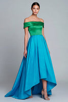 Load image into Gallery viewer, Green and Blue High Low Patchwork Off the Shoulder A Line Formal Dress