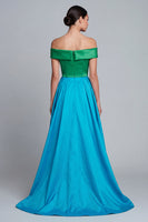 Load image into Gallery viewer, Green and Blue High Low Patchwork Off the Shoulder A Line Formal Dress