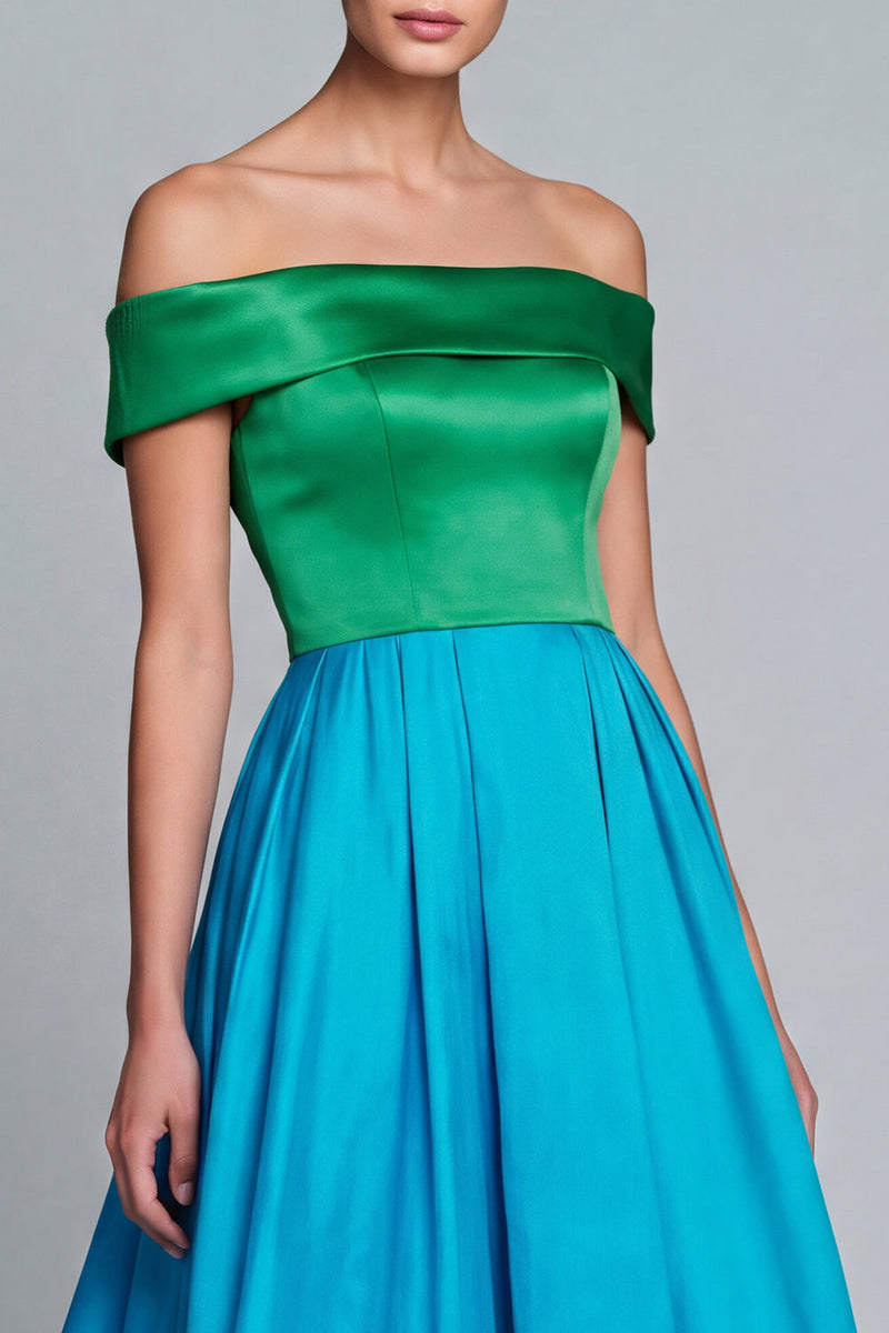 Load image into Gallery viewer, Green and Blue High Low Patchwork Off the Shoulder A Line Formal Dress
