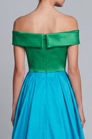 Load image into Gallery viewer, Green and Blue High Low Patchwork Off the Shoulder A Line Formal Dress