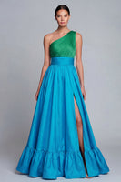 Load image into Gallery viewer, Green and Blue Long One Shoulder A Line Patchwork Formal Dress with Slit