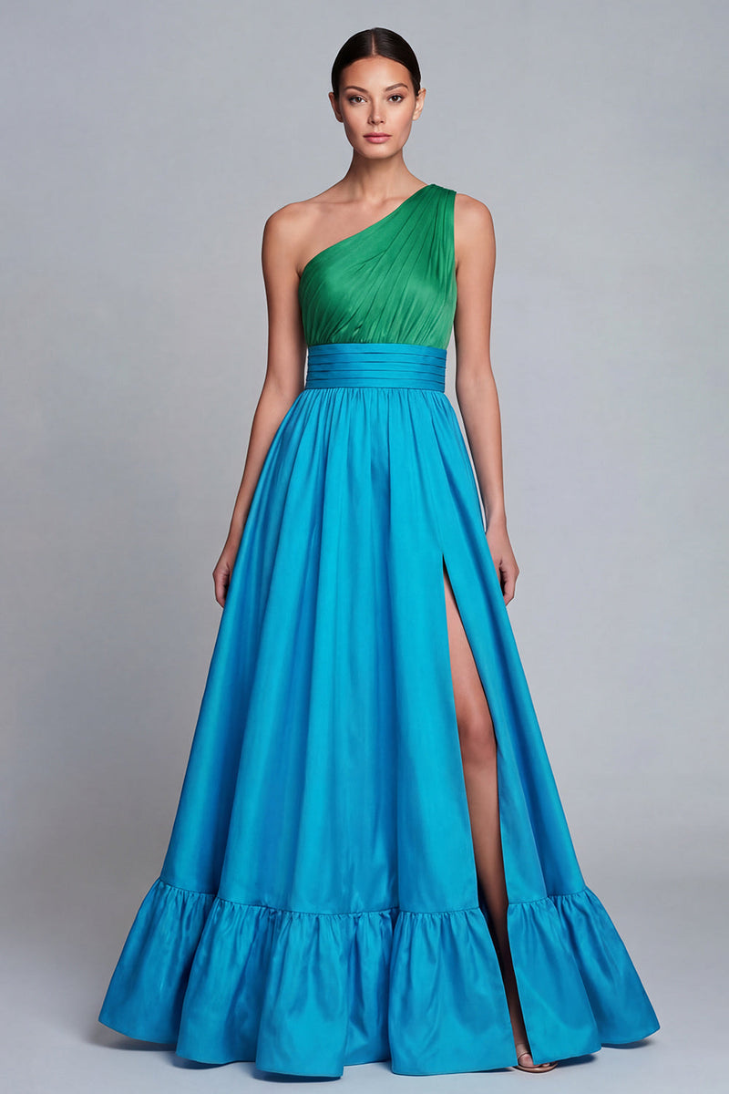Load image into Gallery viewer, Green and Blue Long One Shoulder A Line Patchwork Formal Dress with Slit