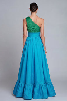 Green and Blue Long One Shoulder A Line Patchwork Formal Dress with Slit