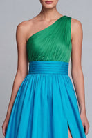 Load image into Gallery viewer, Green and Blue Long One Shoulder A Line Patchwork Formal Dress with Slit