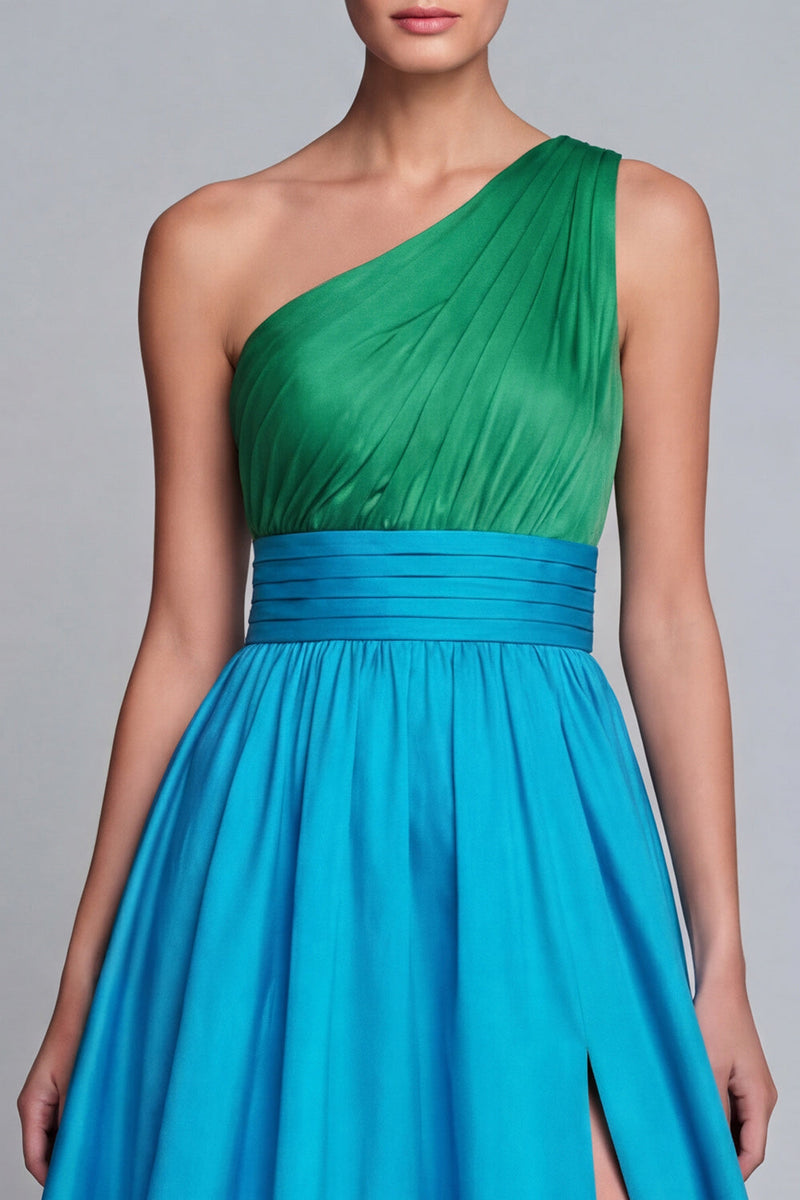 Load image into Gallery viewer, Green and Blue Long One Shoulder A Line Patchwork Formal Dress with Slit