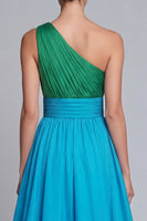 Load image into Gallery viewer, Green and Blue Long One Shoulder A Line Patchwork Formal Dress with Slit