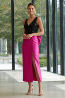 Load image into Gallery viewer, Sparkly Fuchsia and Black Maxi Patchwork Sheath Formal Dress with Slit