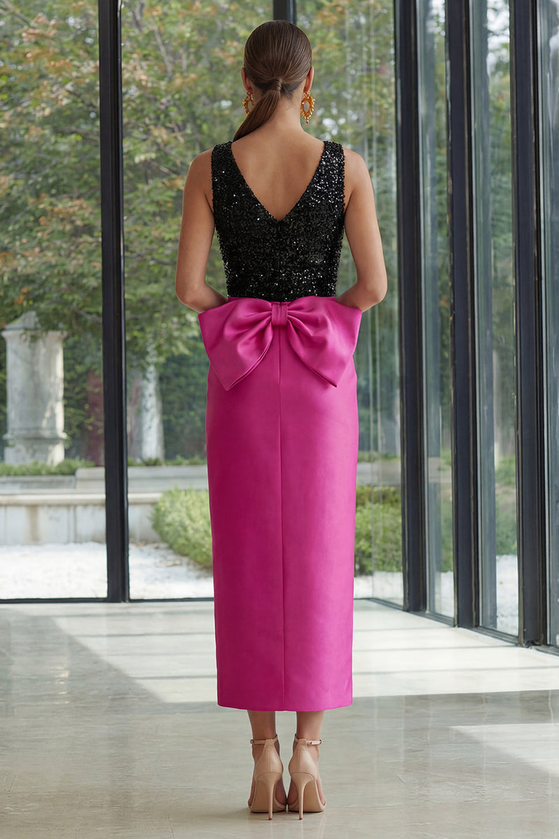 Load image into Gallery viewer, Sparkly Fuchsia and Black Maxi Patchwork Sheath Formal Dress with Slit
