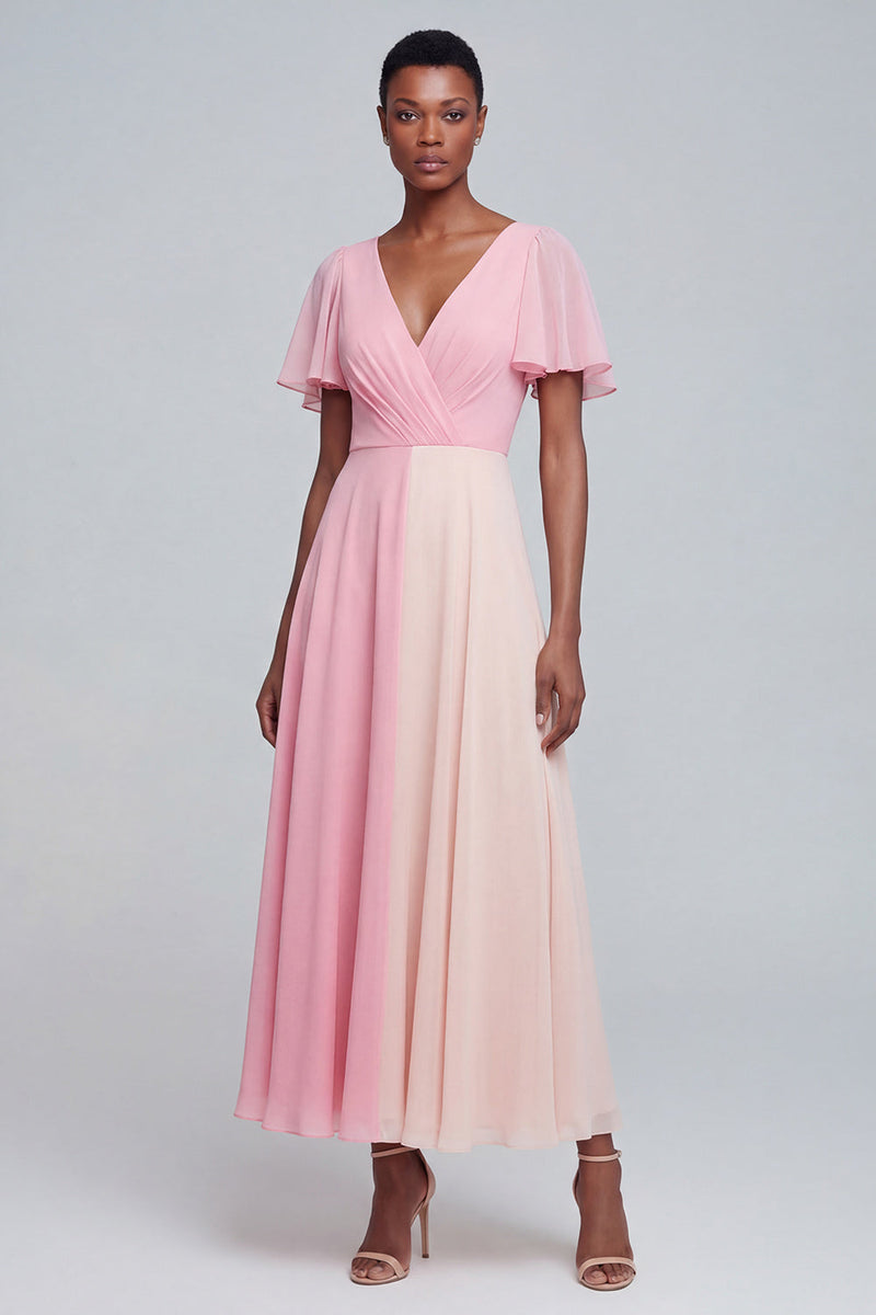 Load image into Gallery viewer, Pink V Neck Patchwork Long Flutter Sleeves A Line Formal Dress