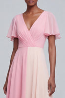Load image into Gallery viewer, Pink V Neck Patchwork Long Flutter Sleeves A Line Formal Dress