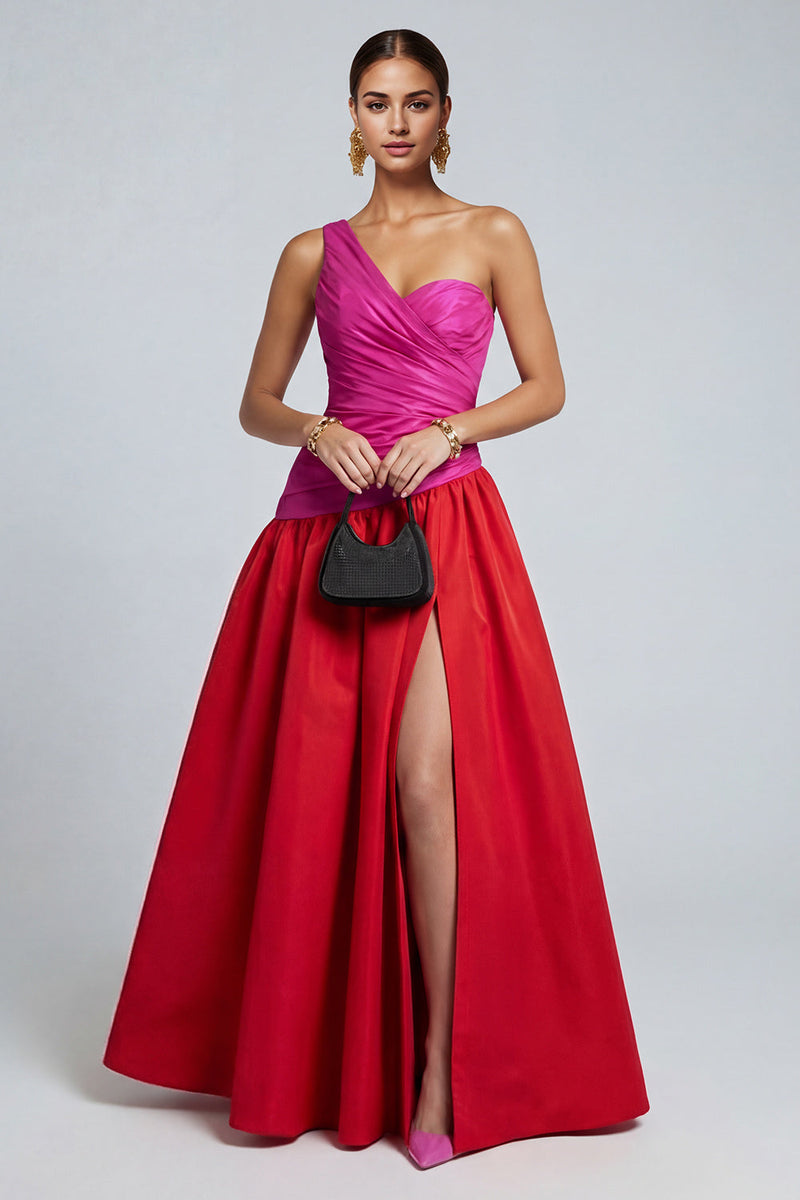 Load image into Gallery viewer, Fuchsia and Red A Line Long Patchwork Formal Dress with Slit