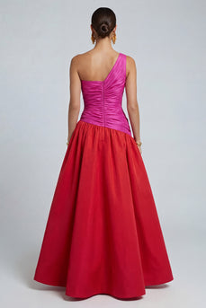Fuchsia and Red A Line Long Patchwork Formal Dress with Slit