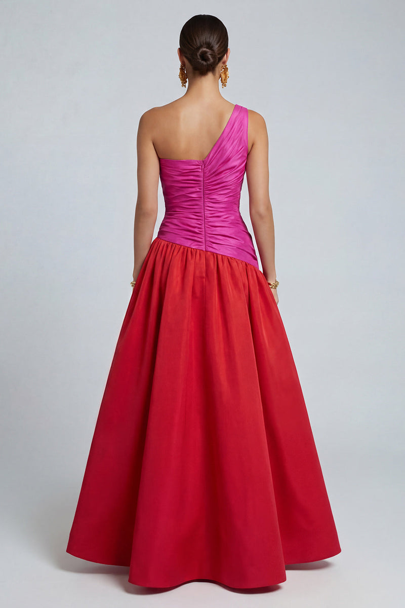 Load image into Gallery viewer, Fuchsia and Red A Line Long Patchwork Formal Dress with Slit