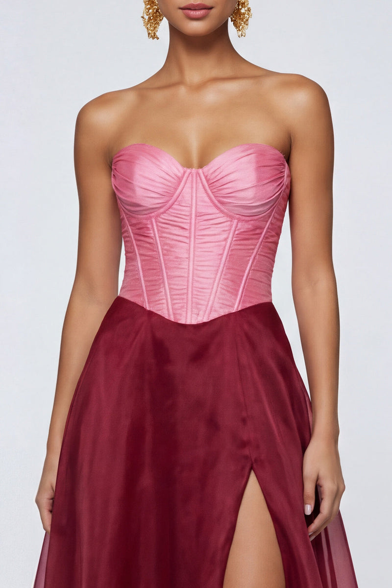 Load image into Gallery viewer, Pink and Burgundy Long A Line Corset Patchwork Formal Dress with Slit
