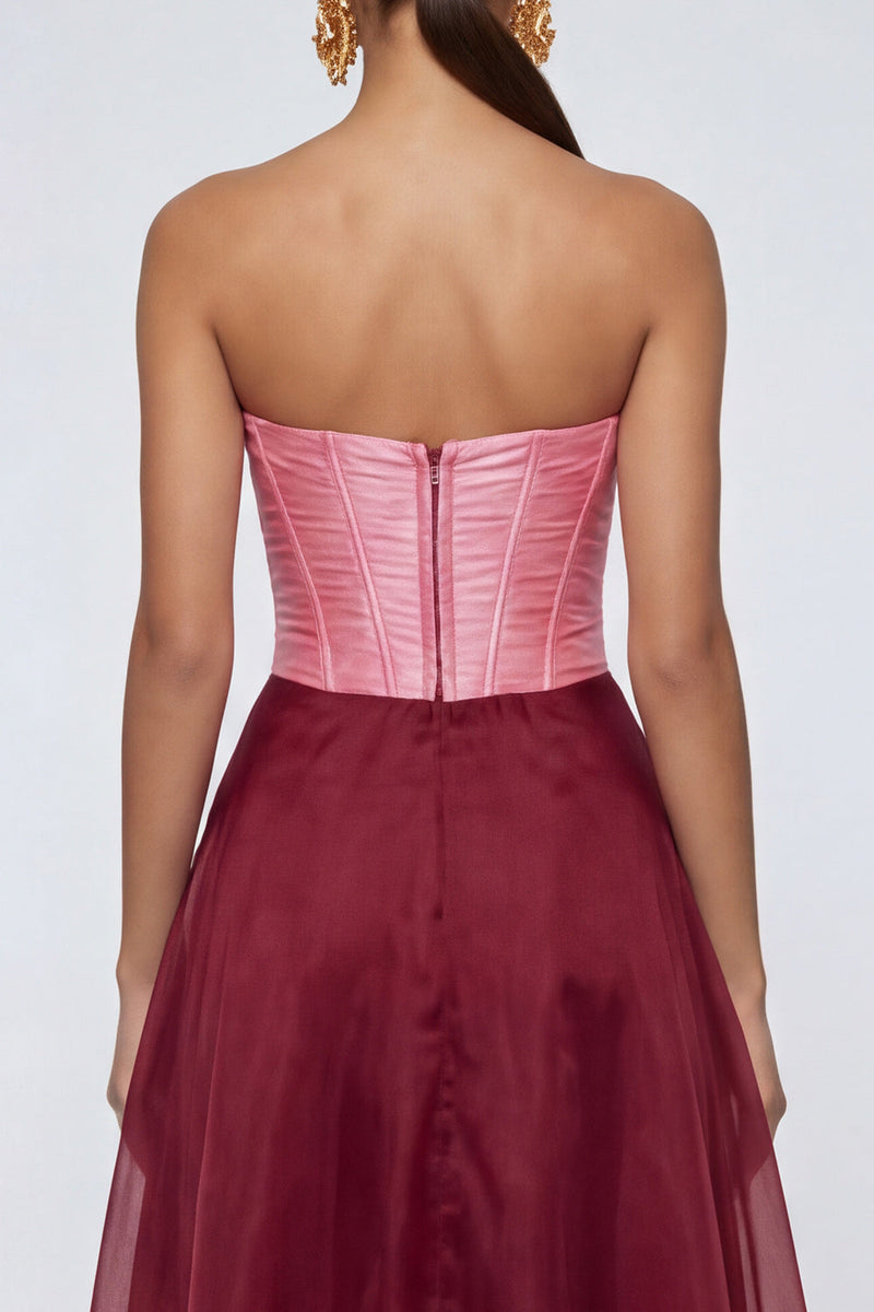 Queendancer Women Pink and Burgundy Patchwork Corset Long Formal Dress with Slit A Line Strapless Evening Dress queendanceruk Queendancer Women Pink and Burgundy Patchwork Corset Long Formal Dress with Slit A Line Strapless Evening Dress queendanceruk