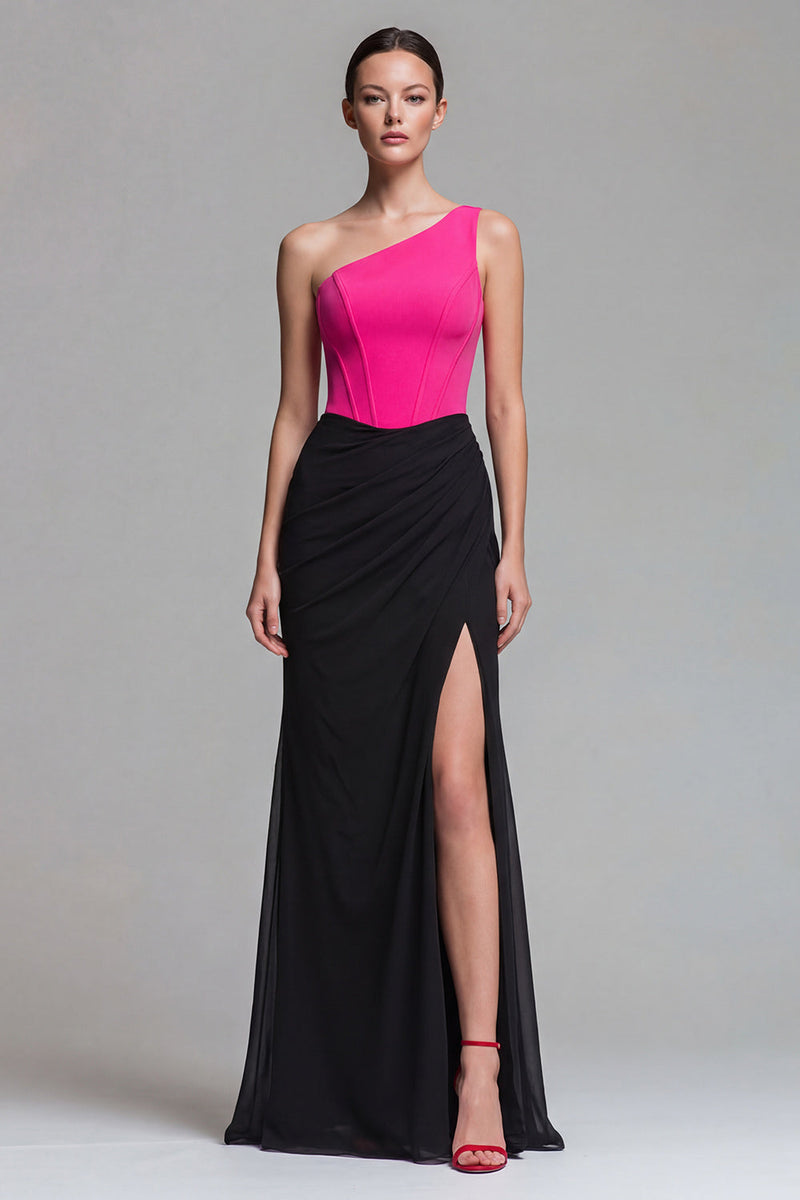 Load image into Gallery viewer, Fuchsia and Black One Shoulder Corset Patchwork Long Mermaid Formal Dress