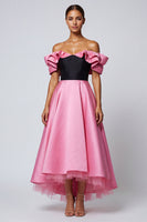 Load image into Gallery viewer, Black and Pink Long A Line Off the Shoulder Patchwork Formal Dress with Ruffles