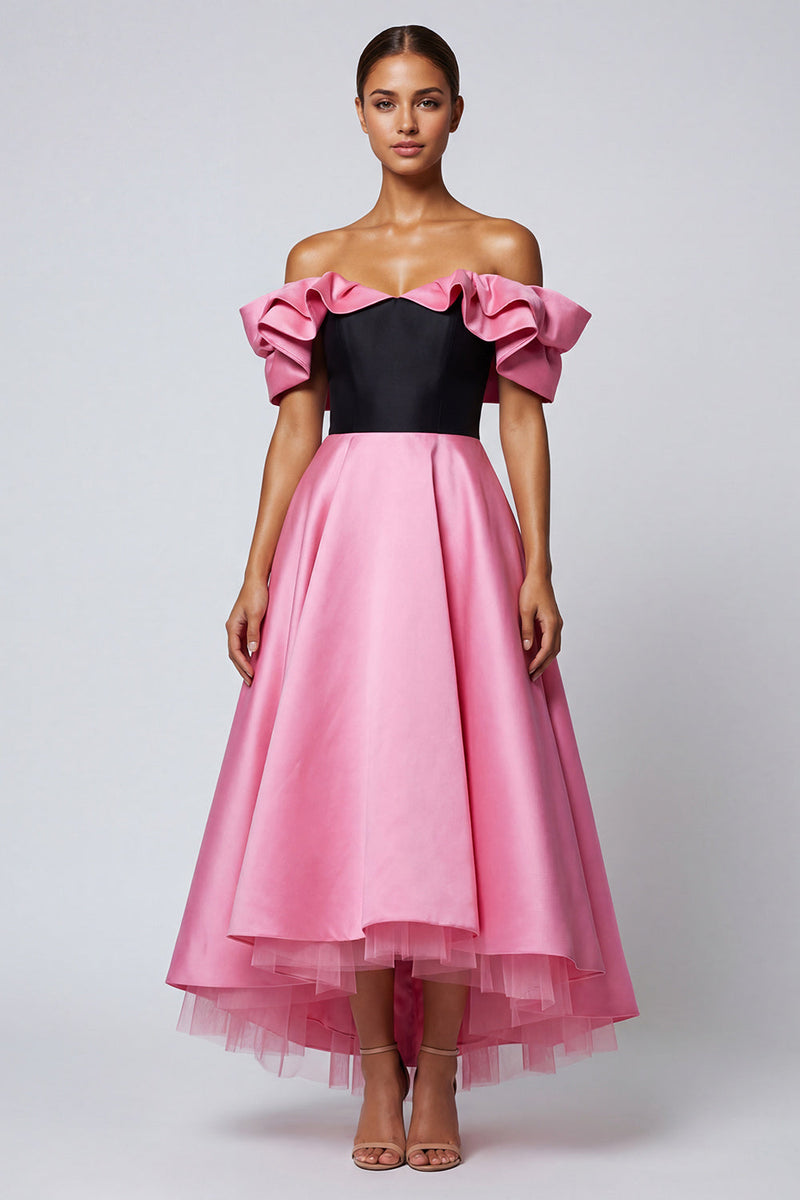 Load image into Gallery viewer, Black and Pink Long A Line Off the Shoulder Patchwork Formal Dress with Ruffles