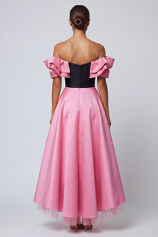 Black and Pink Long A Line Off the Shoulder Patchwork Formal Dress with Ruffles