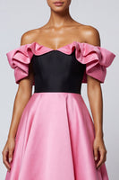 Load image into Gallery viewer, Black and Pink Long A Line Off the Shoulder Patchwork Formal Dress with Ruffles
