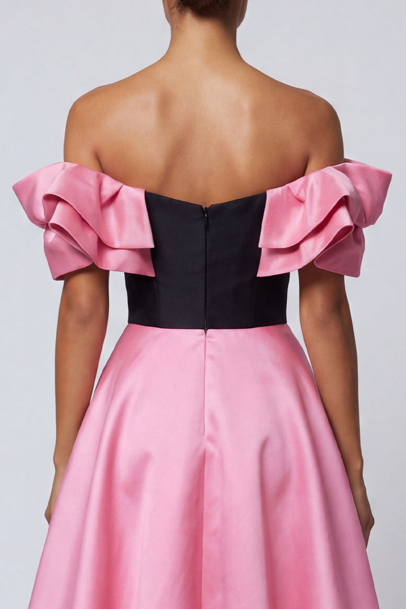 Load image into Gallery viewer, Black and Pink Long A Line Off the Shoulder Patchwork Formal Dress with Ruffles