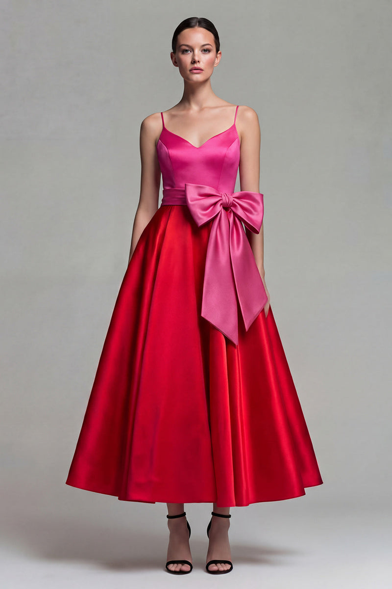 Load image into Gallery viewer, Fuchsia and Red Long Patchwork A Line Spaghetti Straps Formal Dress with Bow