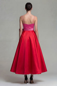 Fuchsia and Red Long Patchwork A Line Spaghetti Straps Formal Dress with Bow