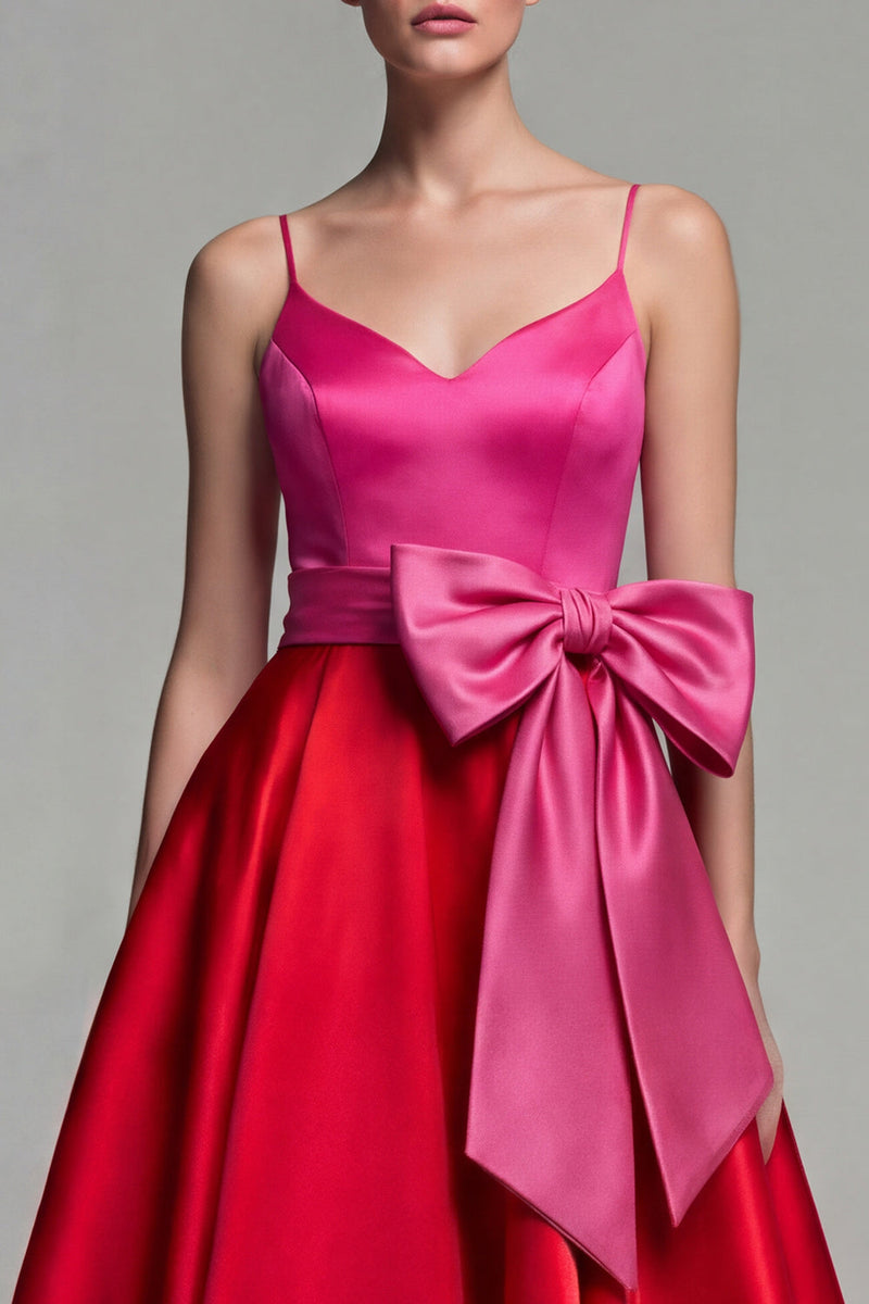Load image into Gallery viewer, Fuchsia and Red Long Patchwork A Line Spaghetti Straps Formal Dress with Bow