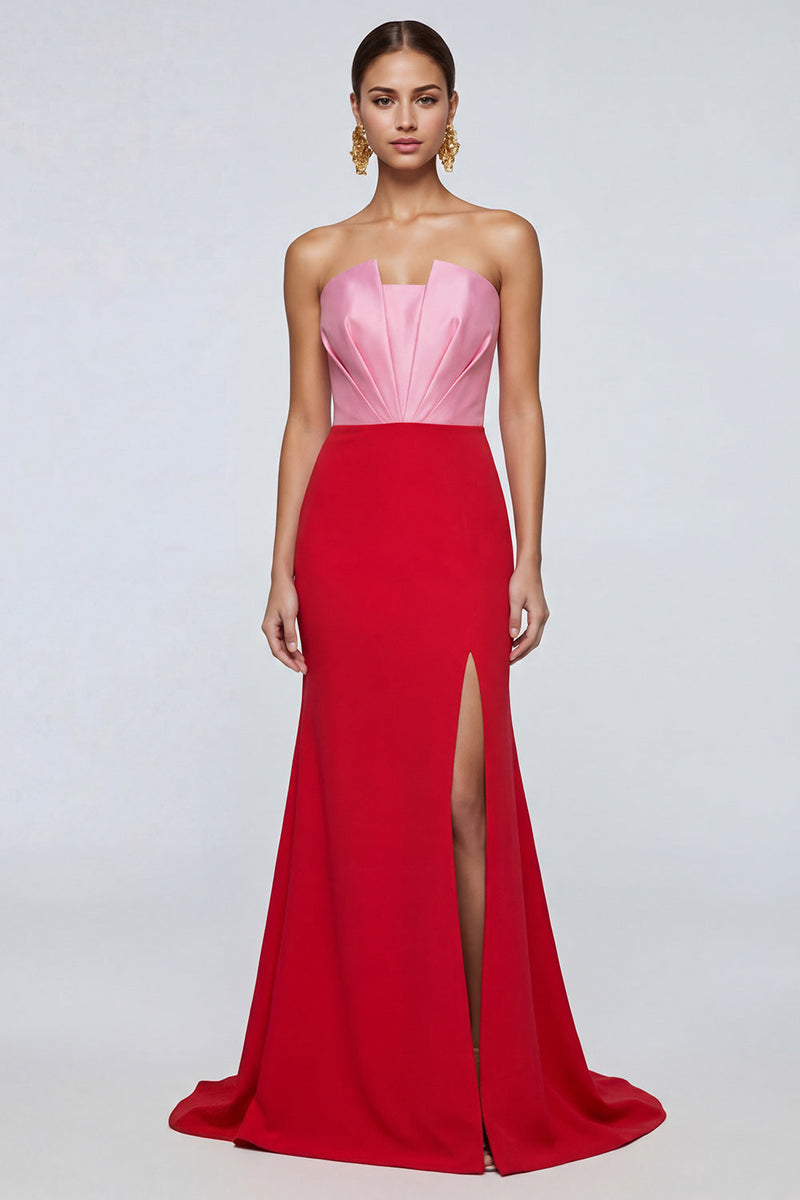 Load image into Gallery viewer, Pink and Red Long Mermid Strapless Patchwork Formal Dress with Slit