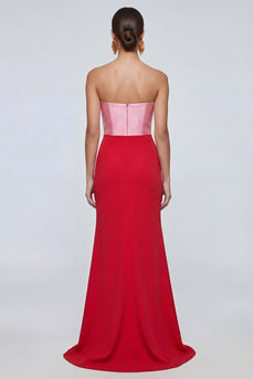 Pink and Red Long Mermid Strapless Patchwork Formal Dress with Slit