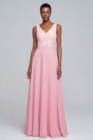 Load image into Gallery viewer, Pink A Line Long Ruched V Neck Patchwork Formal Dress
