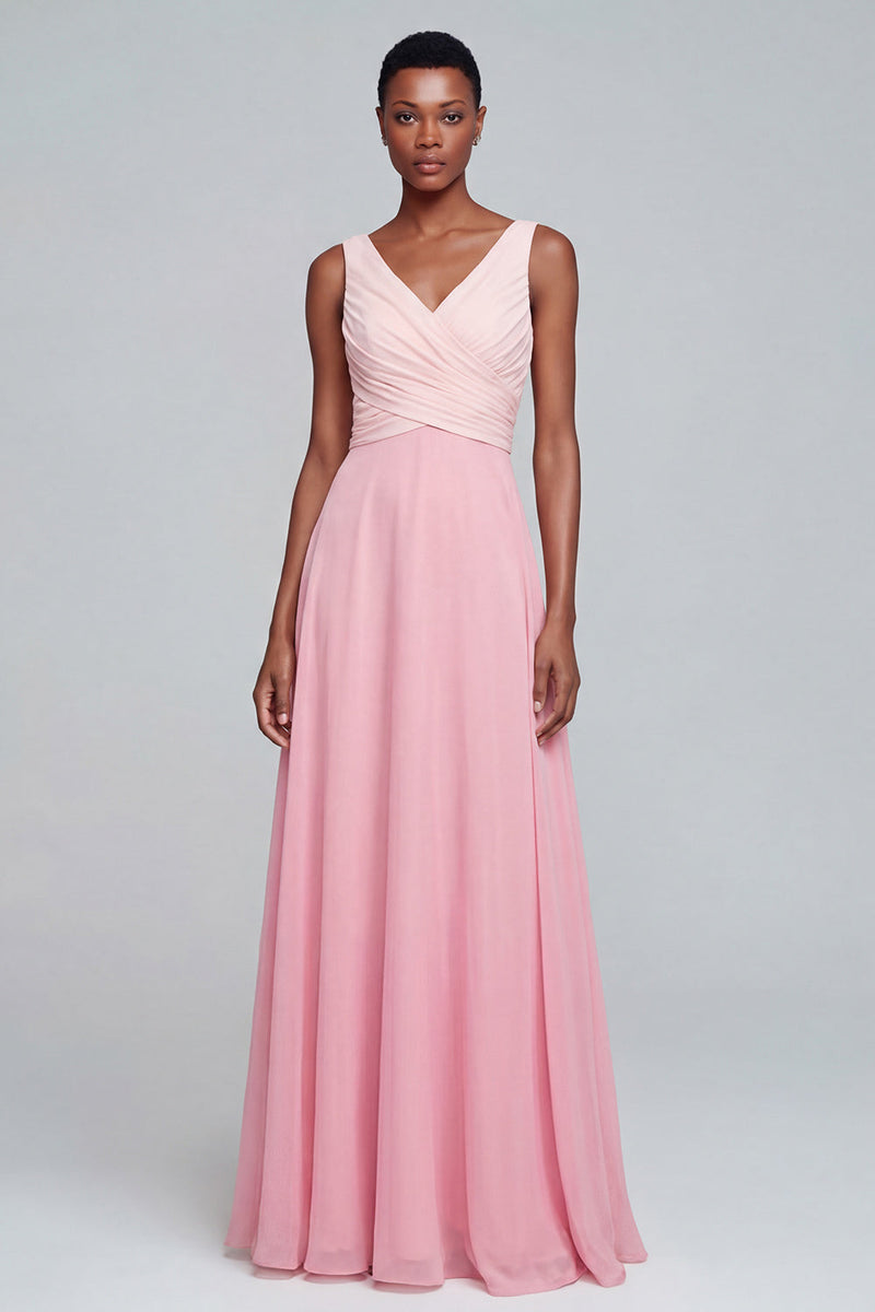 Load image into Gallery viewer, Pink A Line Long Ruched V Neck Patchwork Formal Dress