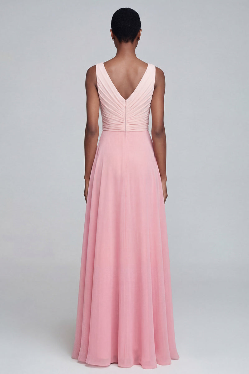 Load image into Gallery viewer, Pink A Line Long Ruched V Neck Patchwork Formal Dress