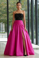 Load image into Gallery viewer, Sparkly Fuchsia and Black Strapless A Line Long Patchwork Formal Dress