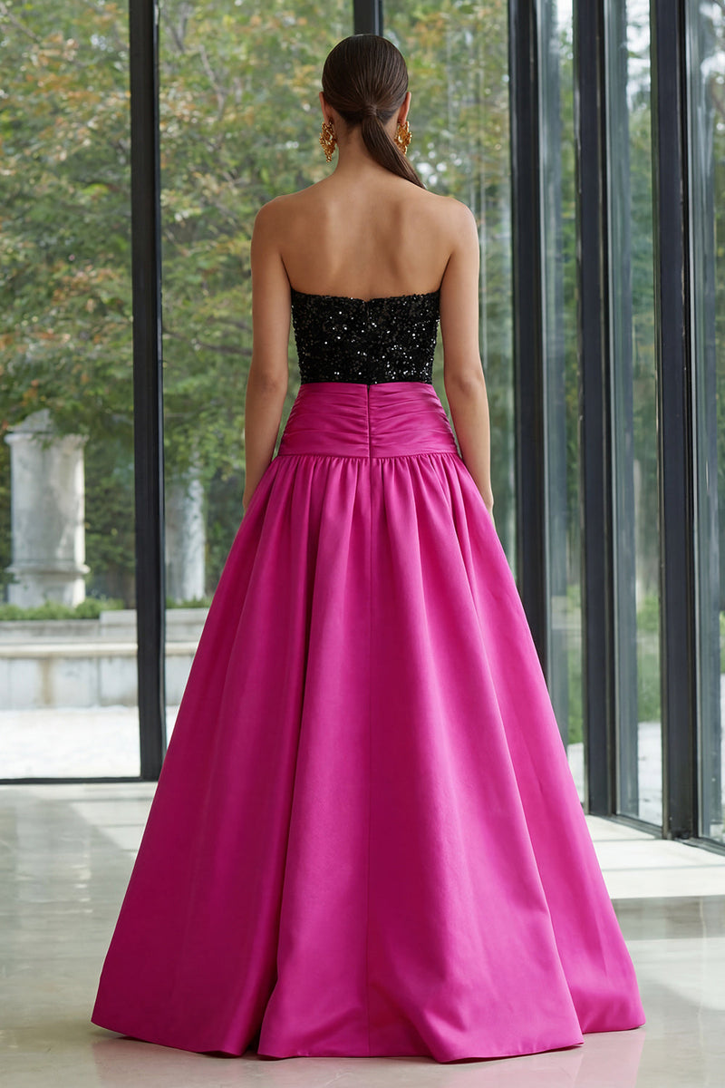 Load image into Gallery viewer, Sparkly Fuchsia and Black Strapless A Line Long Patchwork Formal Dress