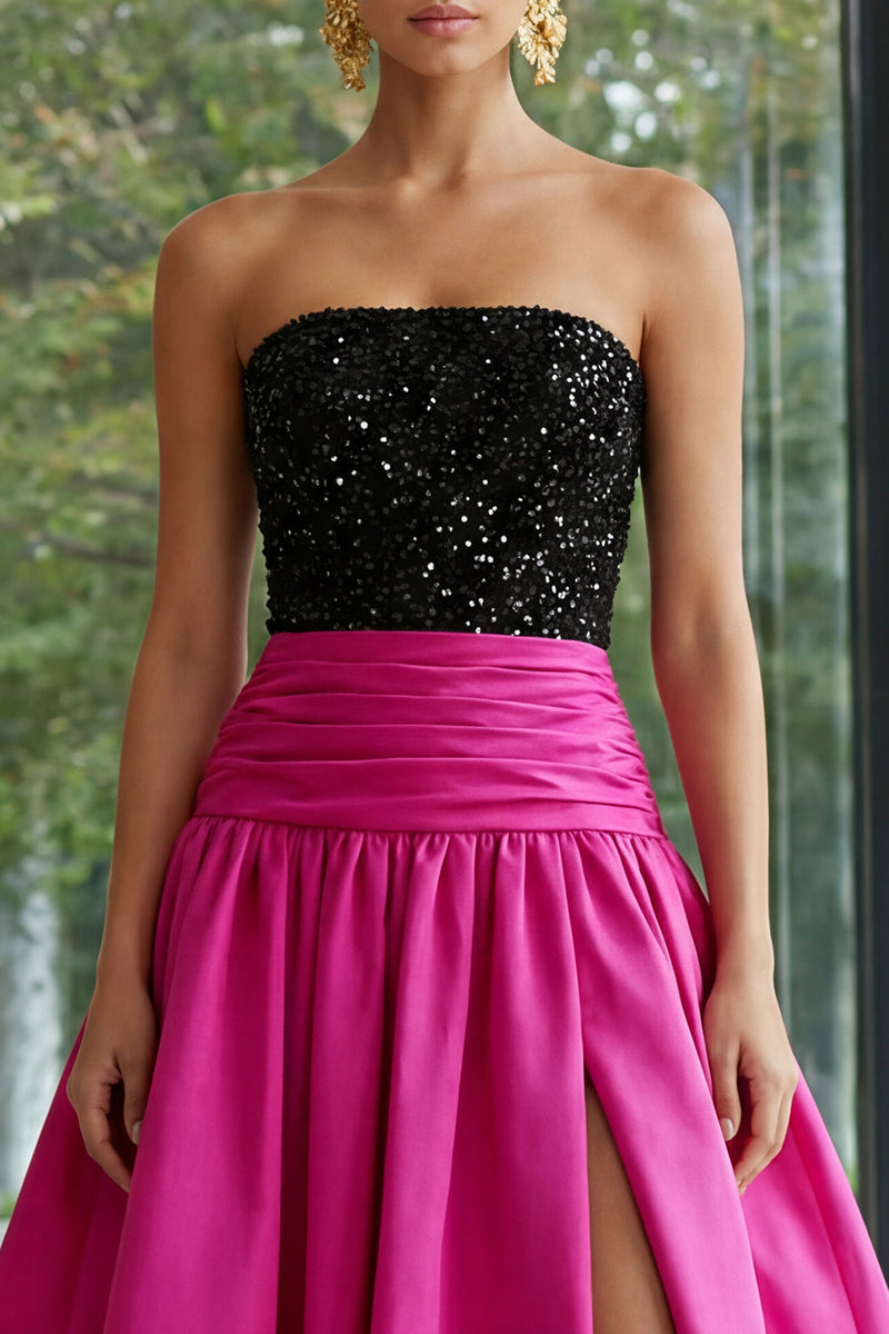 Load image into Gallery viewer, Sparkly Fuchsia and Black Strapless A Line Long Patchwork Formal Dress