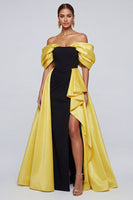 Load image into Gallery viewer, Black and Yellow Long Patchwork Ruffled Off the Shoulder Formal Dress with Slit