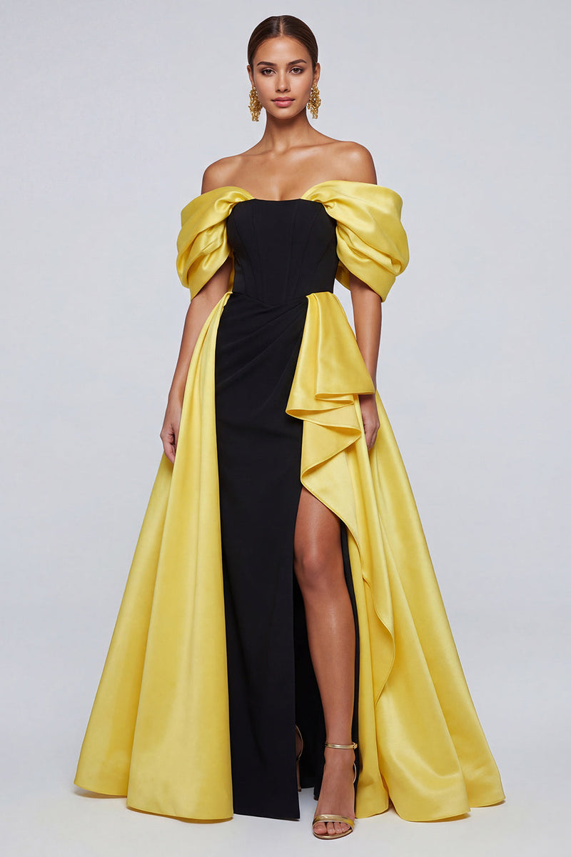 Load image into Gallery viewer, Black and Yellow Long Patchwork Ruffled Off the Shoulder Formal Dress with Slit