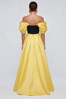 Load image into Gallery viewer, Black and Yellow Long Patchwork Ruffled Off the Shoulder Formal Dress with Slit