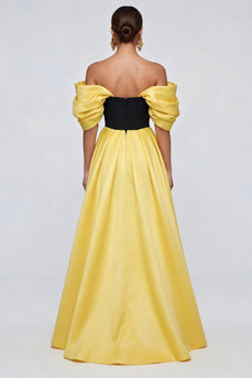 Black and Yellow Long Patchwork Ruffled Off the Shoulder Formal Dress with Slit