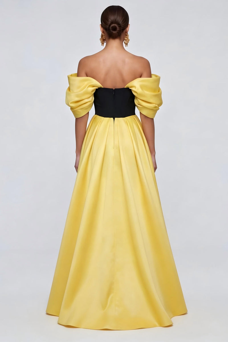 Load image into Gallery viewer, Black and Yellow Long Patchwork Ruffled Off the Shoulder Formal Dress with Slit