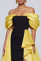 Load image into Gallery viewer, Black and Yellow Long Patchwork Ruffled Off the Shoulder Formal Dress with Slit