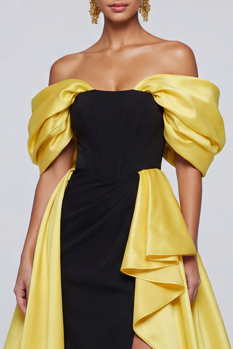 Load image into Gallery viewer, Black and Yellow Long Patchwork Ruffled Off the Shoulder Formal Dress with Slit
