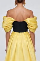 Load image into Gallery viewer, Black and Yellow Long Patchwork Ruffled Off the Shoulder Formal Dress with Slit