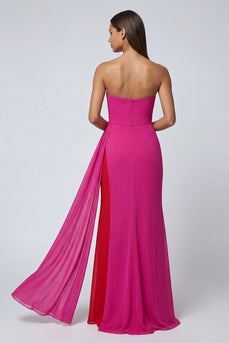 Fuchsia Strapless Mermaid Long Patchwork Formal Dress with Side Cape