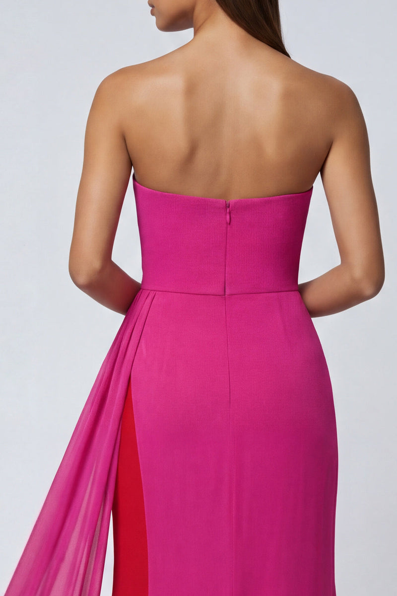 Load image into Gallery viewer, Fuchsia Strapless Mermaid Long Patchwork Formal Dress with Side Cape
